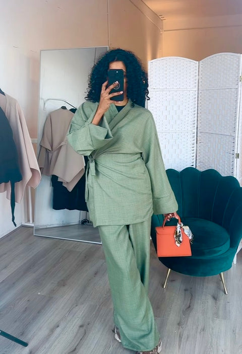 Overslag kimono met broek olijfgroen