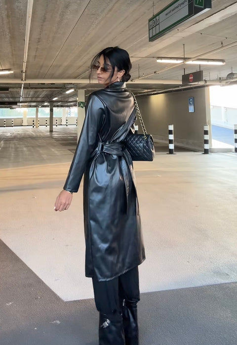 Inaya leren look manteljas zwart