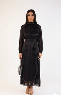 Satijnen abaya met franjes - zwart