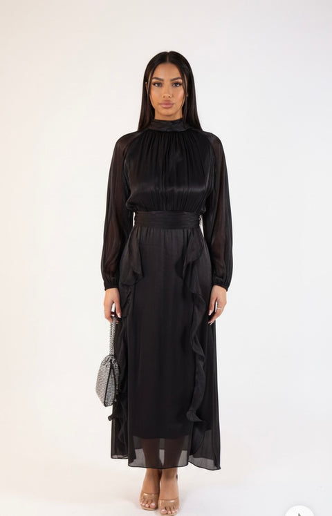 Satijnen abaya met franjes - zwart