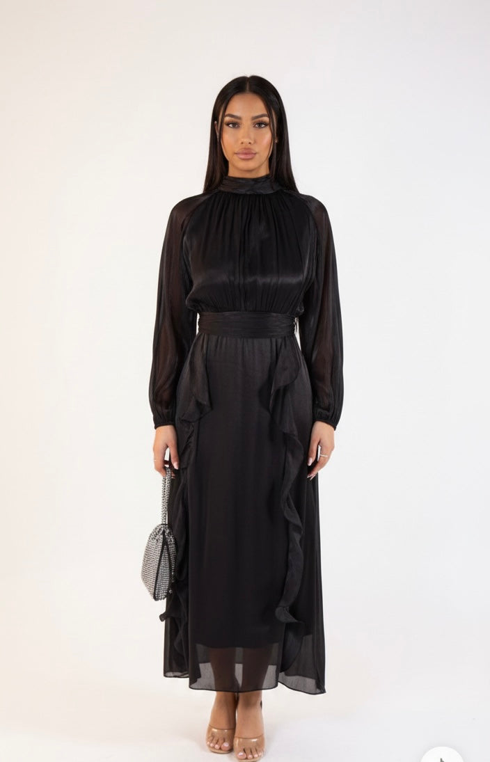 Satijnen abaya met franjes - zwart