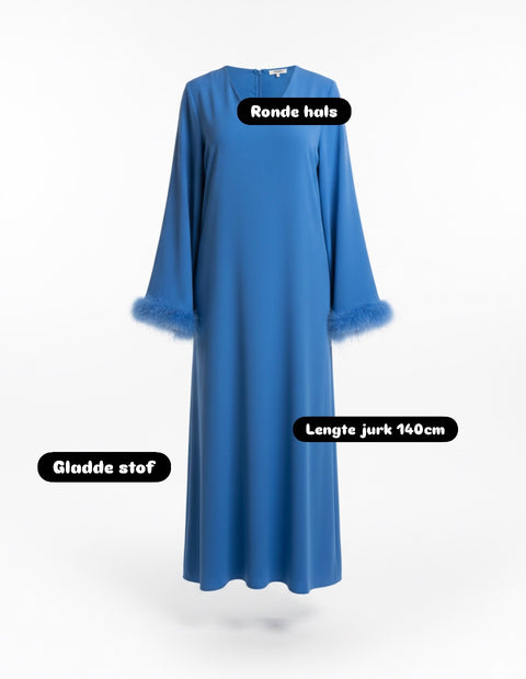 Satijnen abaya jurk met cross over en veren aan mouwen zwart - 7011