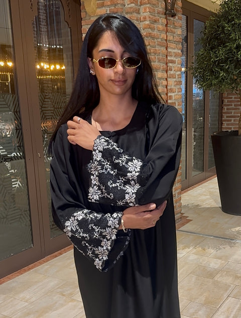 Dubai marina abaya white black with stones