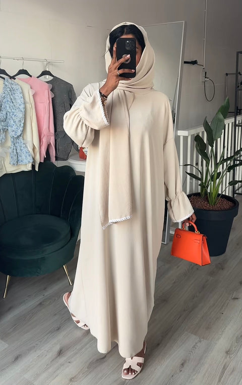 SS25 - abaya met headscarf cream witte details (Bestseller)