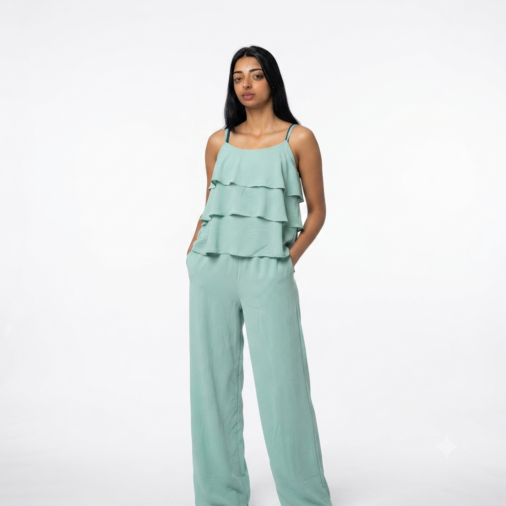 Ruffles blouse met rekbare broek - licht groen