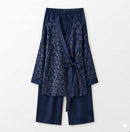 Bloemen kimono met satijnen broek - navy