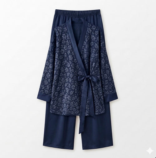 Bloemen kimono met satijnen broek - navy