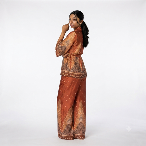 Satijnen broek met oversized kimono print - orange