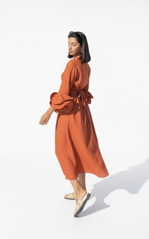 Zomer jurk van viscose met ruffles mouwen oranje - 10010