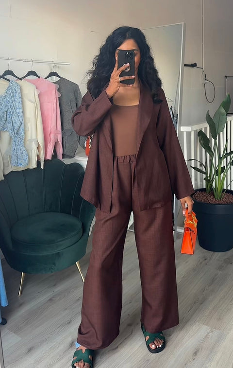 SS25 - kimono met band en rekbare broek donker bruin