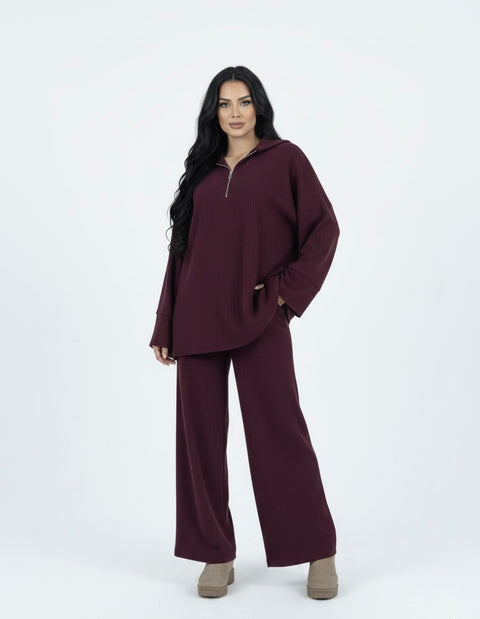 Comfy zipper set modest sweater with oversized pants - 6010