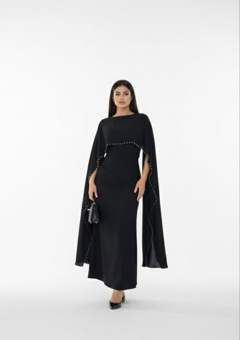 Fitted maxi abaya jurk van met parels zwart - 8010