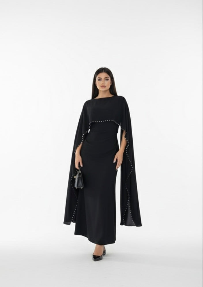 Fitted maxi abaya jurk van met parels zwart - 8010