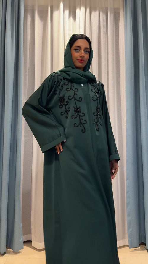 Dubai abaya bedrukt met zwarte steentjes