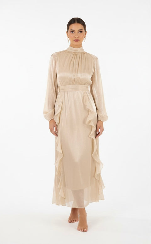 Satijnen abaya met franjes - champagne