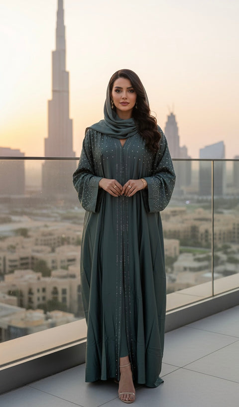 Dubai abaya donker groen met steentjes - 9020