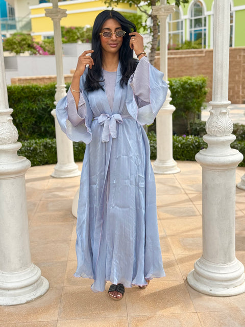 Dubai abaya baby blue with pink details dress and kimono