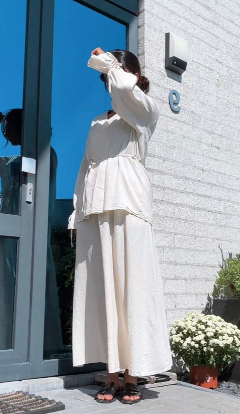 Kimono met rekbare rok van linnen - beige