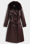 Leren manteljas burgundy met faux fur bont - CV2217