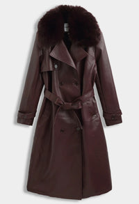 Leren manteljas burgundy met faux fur bont - CV2217