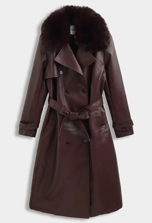 Leren manteljas burgundy met faux fur bont - CV2217