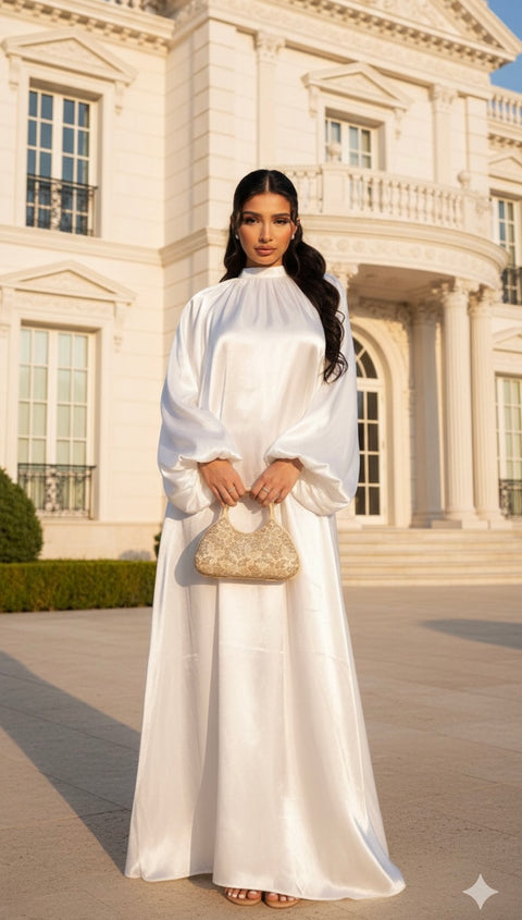 Satijnen Hooggesloten Maxi-Jurk - beige 92566 (launch 9 march)