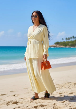 Kimono met rekbare rok van linnen - butter yellow