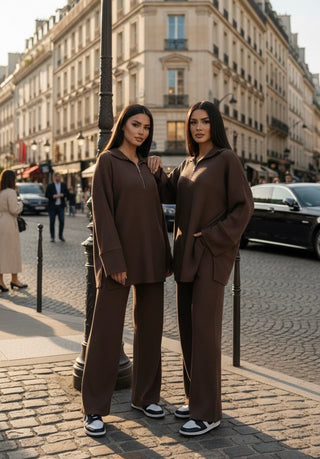 Comfy modest sweater with oversized pants - dark brown 6010