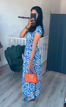 Rekbare lange jurk met printjes blauw wit