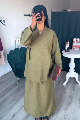 SS25 - Kimono overslag rekbare rok set groen