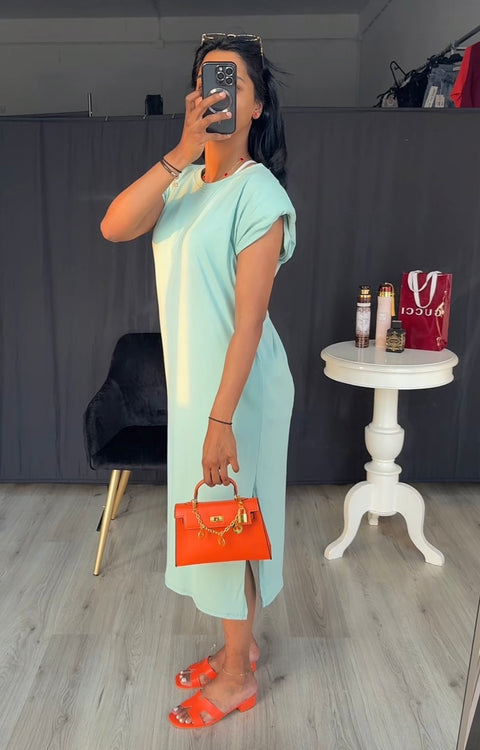 Katoenen jurk met schoudervulling licht groen