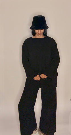 Zyra ribbed comfy winter oversized trui met broek - zwart