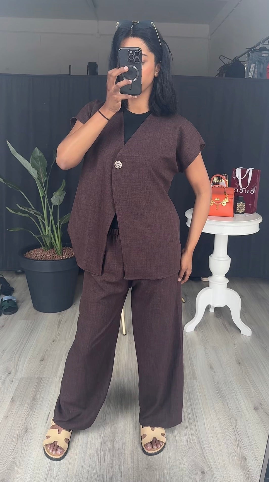 Zomer blazer gilet met rekbare broek donker bruin - ITALY12