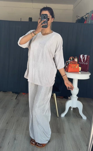 Plisse set champagne met korte mouwen en rekbare broek PRE ORDER