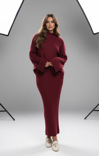 Gebreiden rekbare rok met oversized trui burgundy