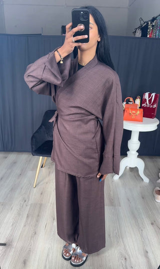 Kimono wikkel met rekbare broek donker bruin