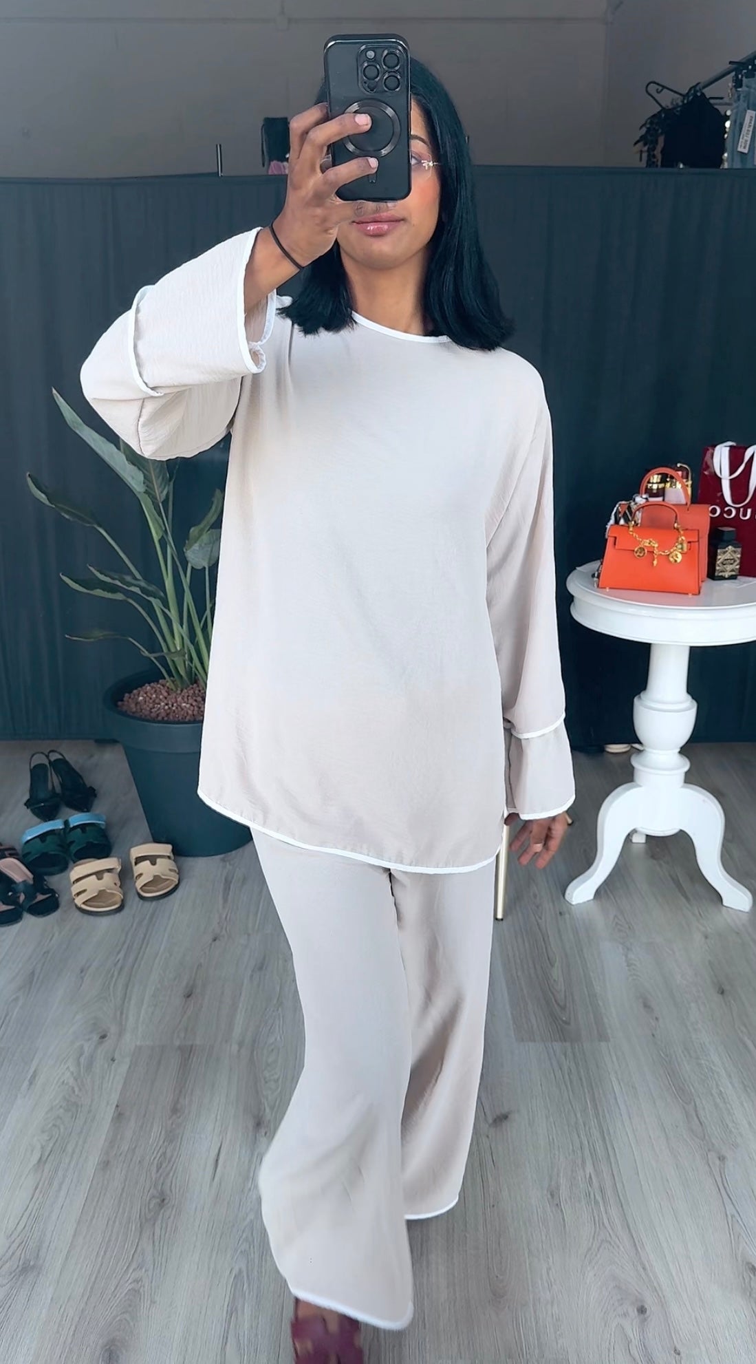 Modest - zomer oversized bloek met wijde broek set licht beige