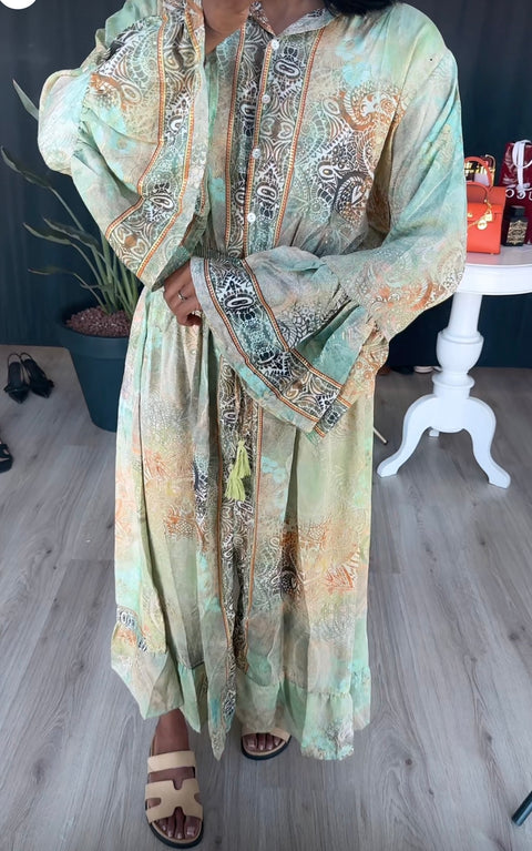 Groene print jurk van viscose met ruffles mouwen