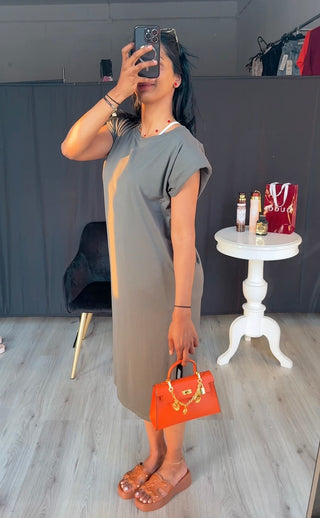 Katoenen jurk met schoudervulling kaki