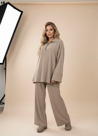 Comfy modest sweater with oversized pants - taupe 6010