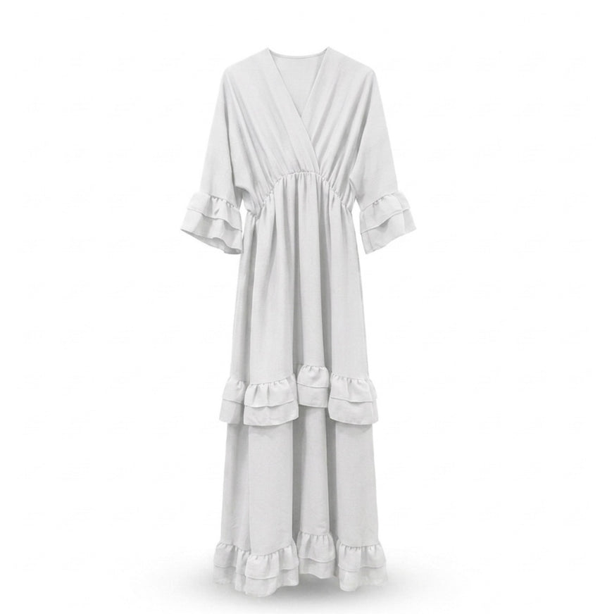 Ruffles jurk met korte v hals - wit