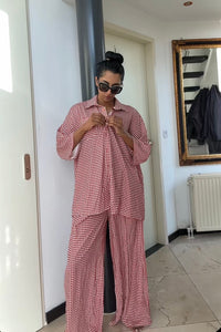 Geruiten oversized blouse met wijde broek van katoen - orange