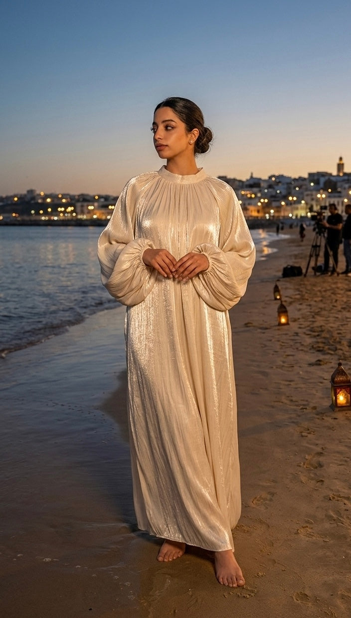 Satijnen Hooggesloten Maxi-Jurk - beige 92566