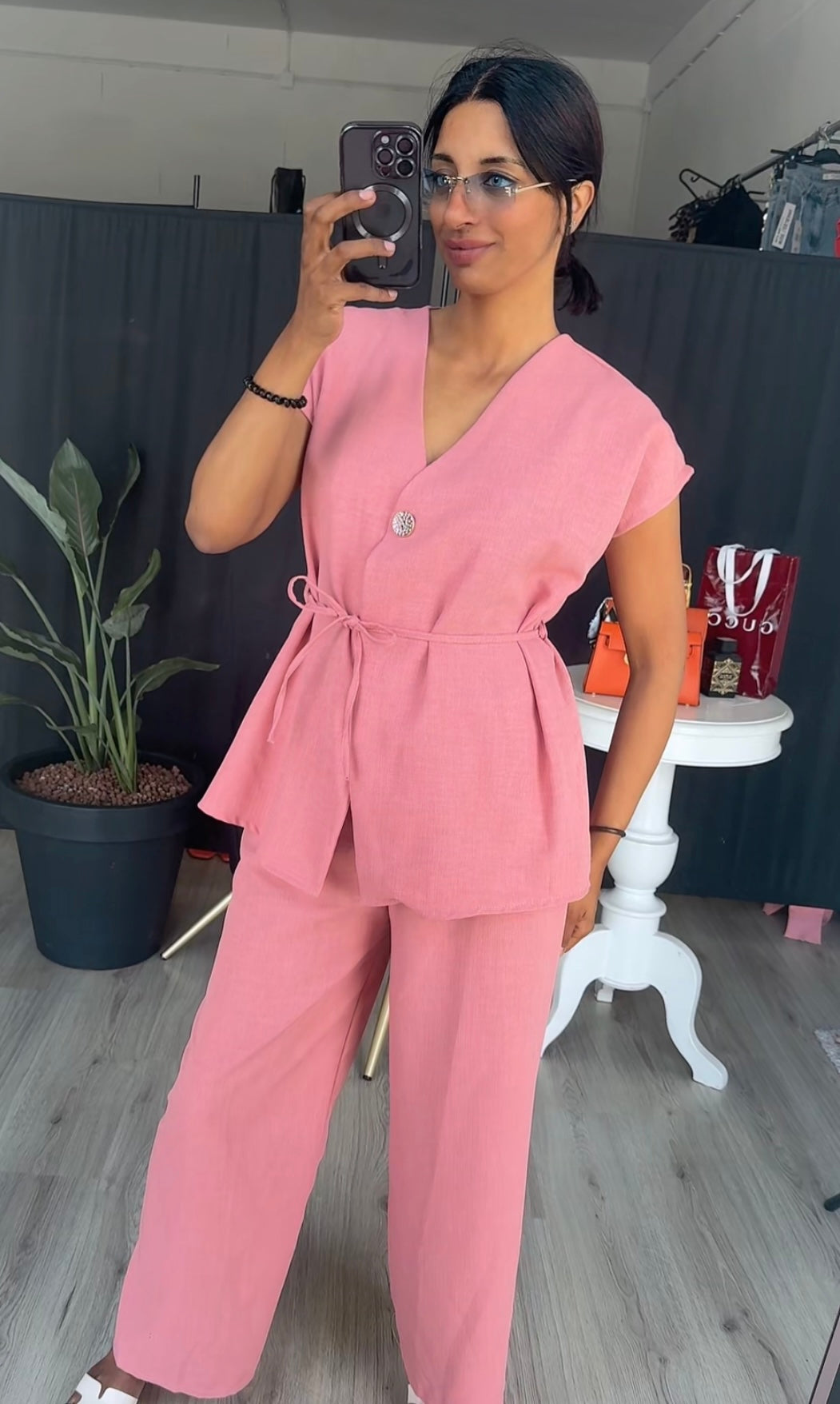 Gilet met knoop en rekbare broek roze van katoen - ITALY12