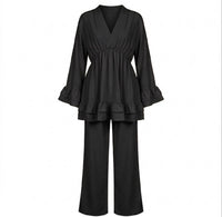 Dames Loungewear Set: Tuniek met Franjes en Matchende Pantalon - zwart