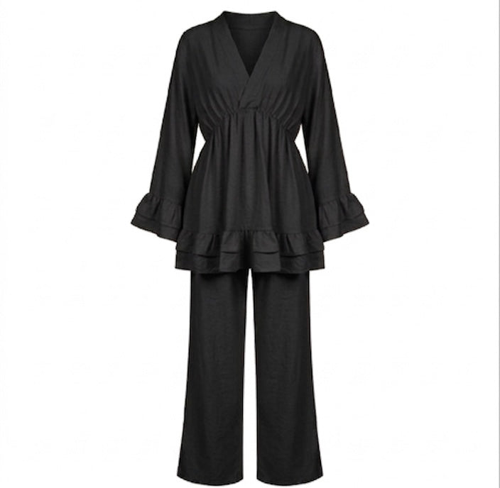 Dames Loungewear Set: Tuniek met Franjes en Matchende Pantalon - zwart