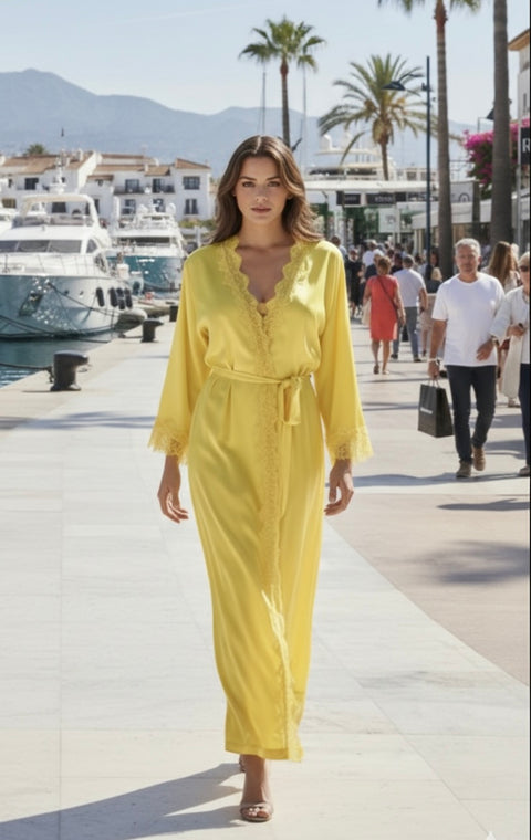 Lace kimono set met kanten details - onderjurk met kimono yellow