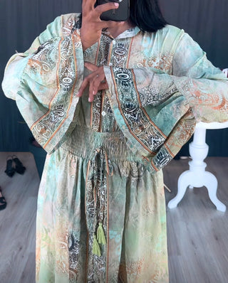 Groene print jurk van viscose met ruffles mouwen