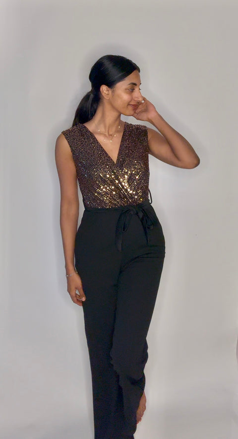 Jumpsuit stretch goud met glitters