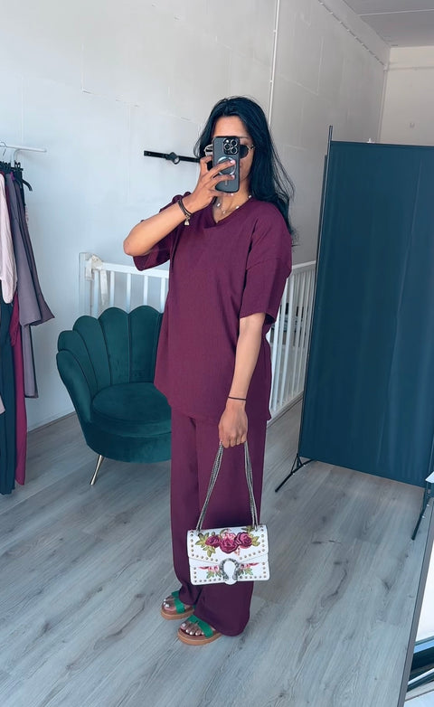 Crepe set korte mouwen burgundy tall